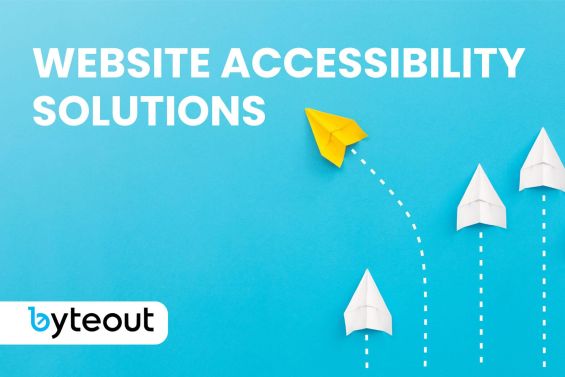 Cover image for a blog post about web accessibility solutions. The image has an illustration of white paper planes and with one yellow, which symbolizes the solution. The phrase 'website accessibility solutions' is written in capital white letters followed by Byteout logo in the left corner.