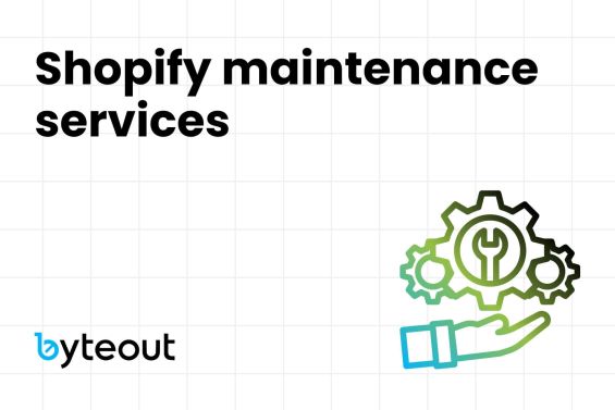 Blog cover image for Shopify maintenance services featuring a large gear symbol with a wrench and a protective hand, emphasizing the support and care provided in maintaining a Shopify store. The logo of Byteout is displayed at the bottom.