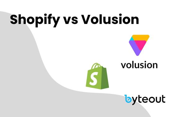 Cover image for a blog post about Shopify vs Volusion. Illustration comparing Shopify and Volusion ecommerce platforms, highlighting the logos of both platforms and the Byteout.