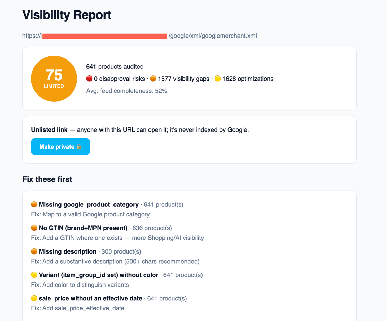 Example Merchant Feed Optimizer Visibility Report showing a score, products audited, visibility gaps, optimizations, and prioritized fixes