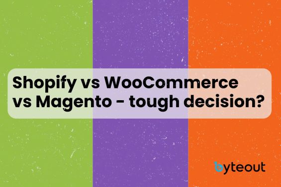 Blog cover image that displays a colorful background divided into three sections with different colors: green, purple, orange, which are colors of three ecommerce platforms. In the center, there is a text box with a question "Shopify vs WooCommerce vs Magento – tough decision?".