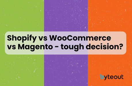 Blog cover image that displays a colorful background divided into three sections with different colors: green, purple, orange, which are colors of three ecommerce platforms. In the center, there is a text box with a question "Shopify vs WooCommerce vs Magento – tough decision?".