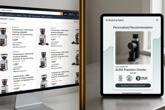 Split-screen comparing an Amazon search results page with an AI shopping agent recommending one branded product in agentic commerce