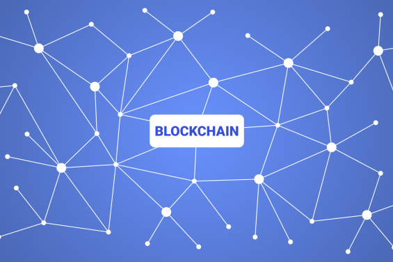 Word "blockchain" written on the blue background.