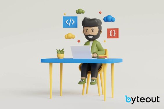 A 3D animated character sits at a colorful desk with a laptop, surrounded by floating icons representing coding and technology with a Byteout logo in the right corner.