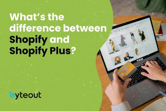 Cover image for a blog post: Shopify vs Shopify Plus. The graphic is with a question 'What’s the difference between Shopify and Shopify Plus?' on a green splattered background. A laptop displaying a fashion store is featured, with a person's hands holding a credit card, illustrating online shopping.