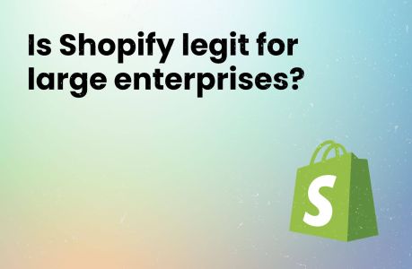 An blog cover image featuring a bold question 'Is Shopify legit for large enterprises?' against a gradient sky background, with the Shopify logo, highlighting the query about Shopify's suitability for large-scale business needs.