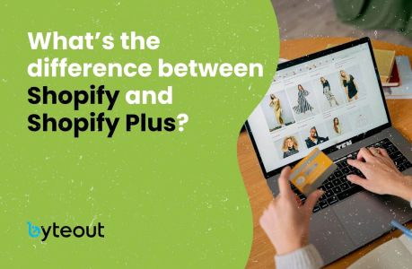 Cover image for a blog post: Shopify vs Shopify Plus. The graphic is with a question 'What’s the difference between Shopify and Shopify Plus?' on a green splattered background. A laptop displaying a fashion store is featured, with a person's hands holding a credit card, illustrating online shopping.