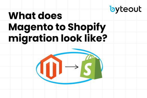 Blog cover image that features the text "What does Magento to Shopify migration look like?" Above the text, there are two logos, Magento and the Shopify, and in the right corner there is a Byteout logo, a Shopify experts agency. Between Magento and Shopify logos there is an arrow indicating the migration process from one platform to the other.