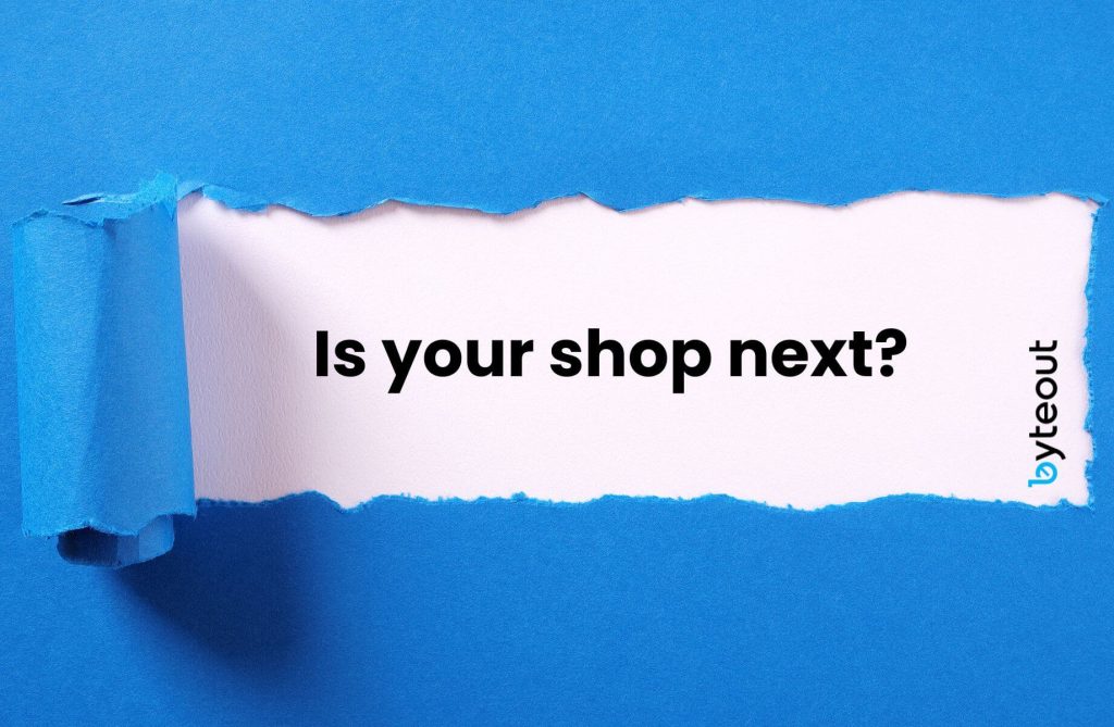 An eye-catching torn paper effect reveals the question 'Is your shop next?' against a blue background, with the Byteout logo at the bottom that quetions the reader should it switch to Shopify Plus plan