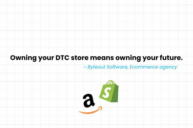 Quote image with the text ‘Owning your DTC store means owning your future.’ attributed to Byteout Software, Ecommerce agency - experts with DTC and DTC marketing. Below the quote are logos of Amazon and Shopify, illustrating the combination of marketplace and DTC strategy.