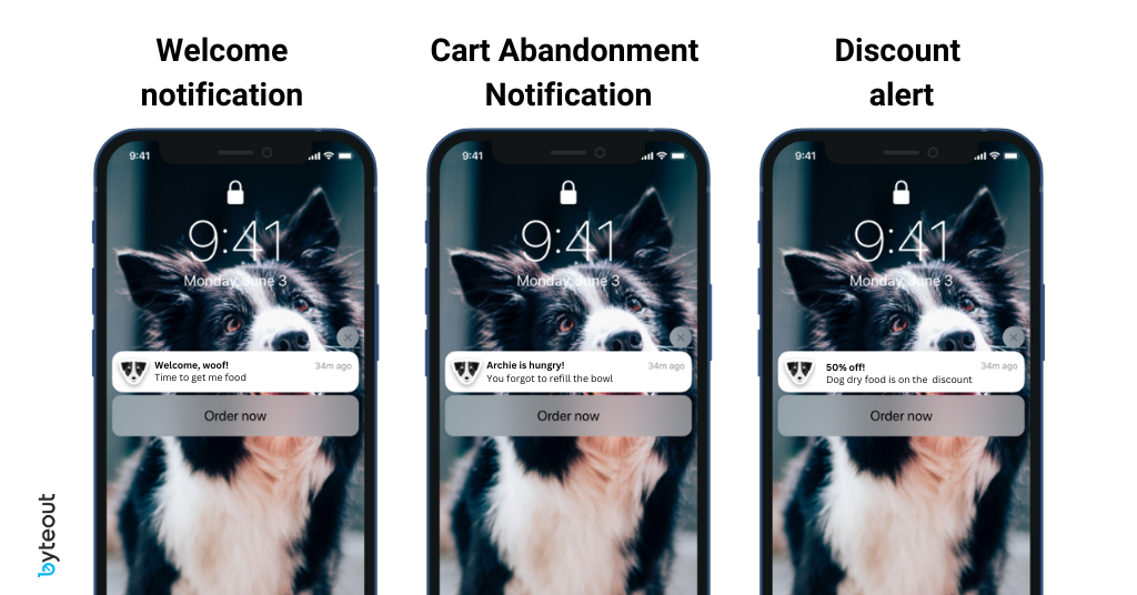 Screenshots of mobile phone screens with three examples of e-commerce push notifications.