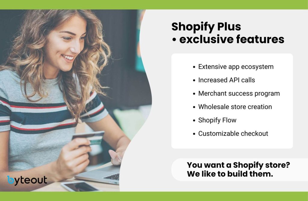 Summary of key features of Shopify Plus plan: Extensive App Ecosystem, Increased API Calls, Merchant Success Program, Wholesale Store Creation, Shopify Flow Automation, Customizable Checkout Experience.
