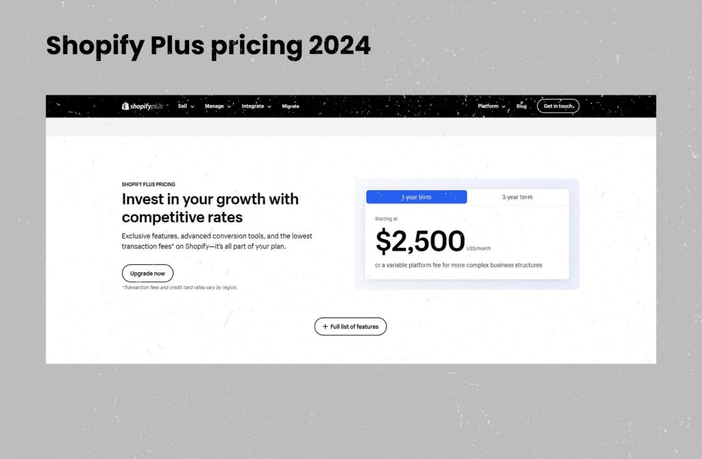 A screenshot showing 'Shopify Plus pricing 2024' with a highlighted price of $2,500 per month under the option for a 1-year term, suggesting an investment in growth with competitive rates for Shopify Plus features.