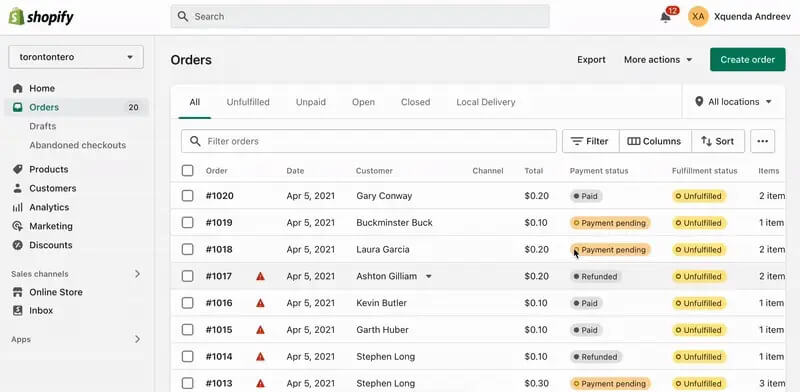 Screenshot of the Shopify admin panel showing its simplicity and user-friendliness.