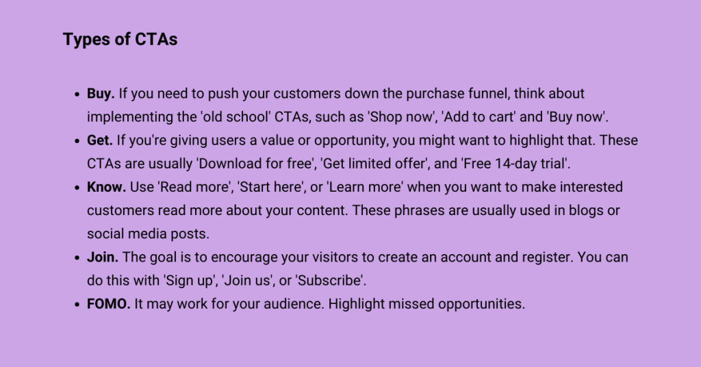E-commerce call to action. Types of CTA: buy, get, know, join and FOMO.