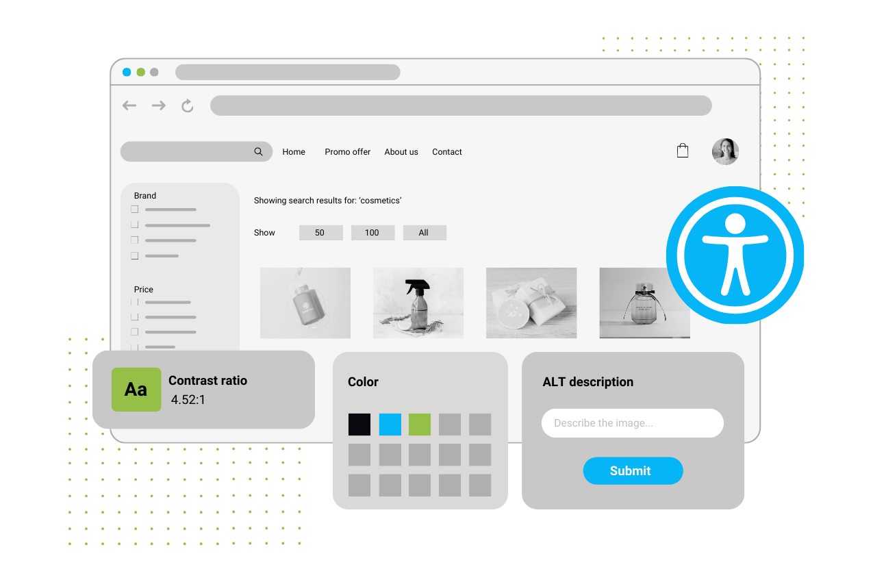 Webshop accessibility services showing checking contrast ratio, alt descrirption entry