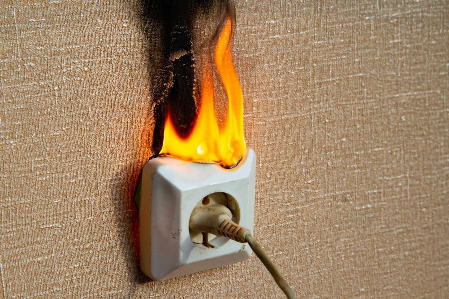 Electric plug in a wall on fire