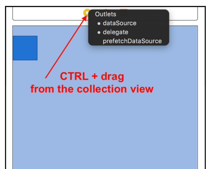 Illustration on how to set up data source and delegate in the Storyboard.