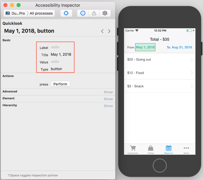 Accessibility inspector showing what will be read using Voice Over and what is missing. If we add hints, element will be explained better.