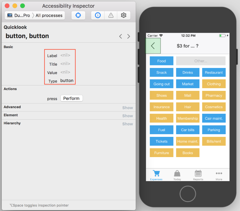 Accessibility inspector showing what will be read using Voice Over and what is missing.