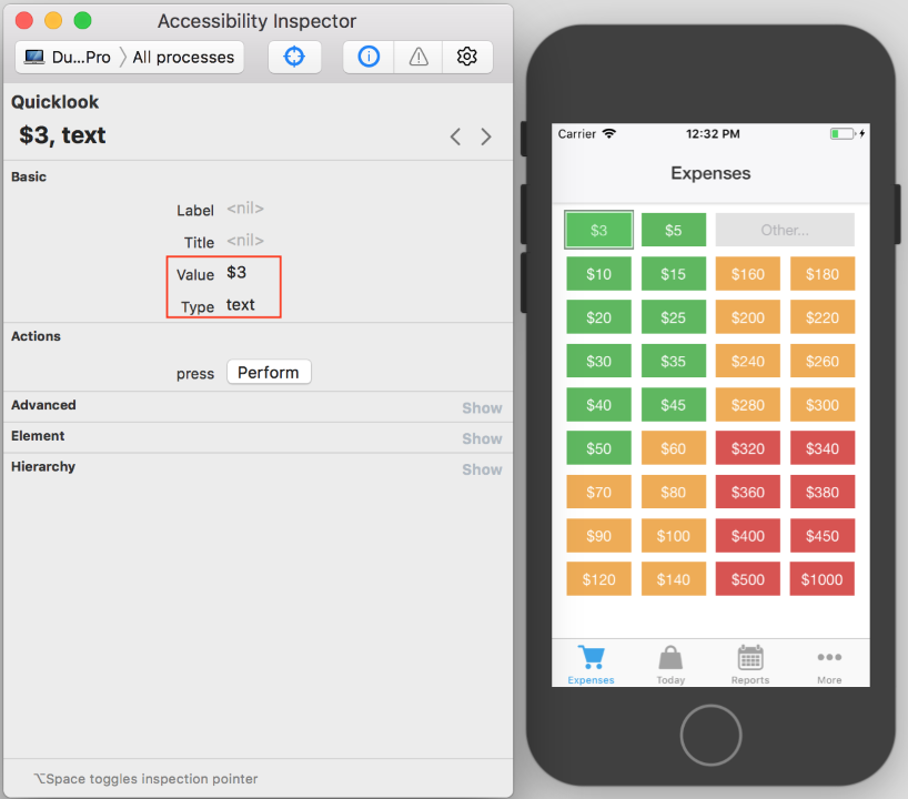 Accessibility inspector showing what will be read using Voice Over and what is missing. There are no indications that the element can be tapped.